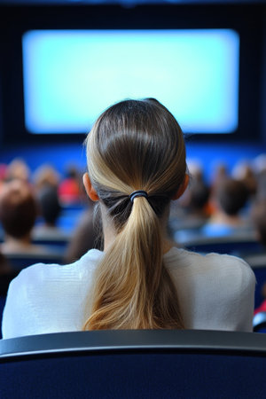 Woman enjoys music concert, blurred stage and crowd background, live performance, copy spaceの素材