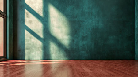 Sunlit Minimalist Interior with Wooden Floor and Green Wall, Creating a Peaceful Retreat Atmosphereの素材