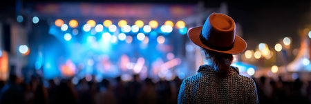 Woman in Hat at Concert, Enjoying Live Music with Blurred Stage and Crowd in Backgroundの素材