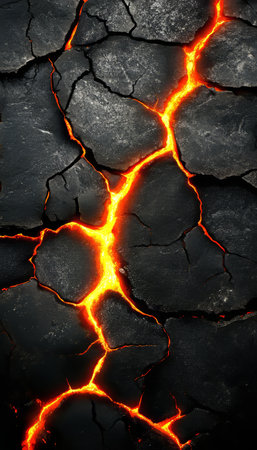 Cracked Volcanic Rock Background Revealing Molten Lava Beneath the Blackened Surface Textureの素材