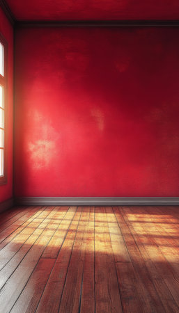 Cozy and Warm Interior Ambiance of a Red Room with Polished Wooden Floor and Beautiful Lightingの素材