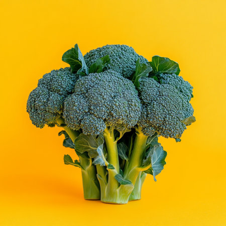 Fresh Green Broccoli Isolated on Yellow, Vibrant Food Photography, Healthy Eating Conceptの素材