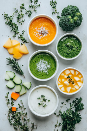 Assortment of Colorful Homemade Baby Food Purees with Fresh Ingredients on Light Backgroundの素材
