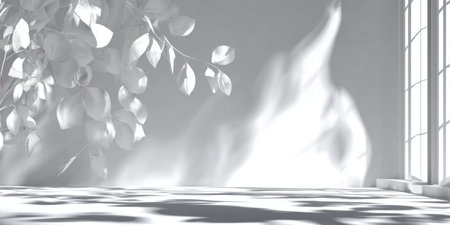 Bright White Studio with Sunlight and Botanical Shadows for Elegant Abstract Photography Shotsの素材