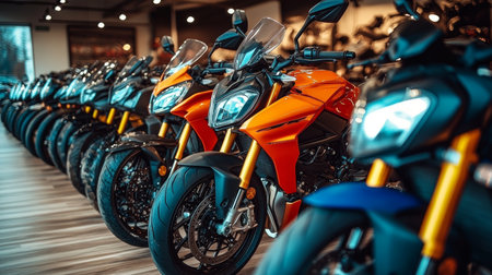 A Collection of Sleek Modern Road Motorcycles on Display in a Motorcycle Dealership Showroomの素材