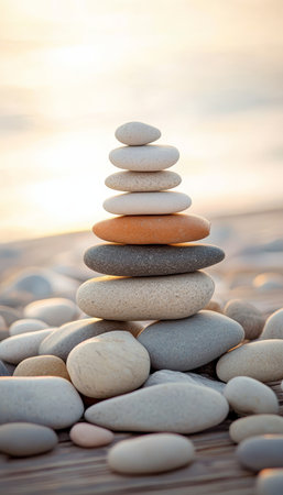 Serene Stacked Beach Stones on Warm Sands Creating a Tranquil Coastal Spiritual Environmentの素材