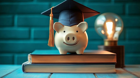 A Piggy Bank Wearing a Graduation Cap on Top of Textbooks, Symbolizing Academic Financial Successの素材
