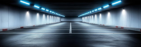 Modern Parking Structure with Bright Interior Lighting, Spacious Garage Design, and Efficient Layoutの素材