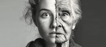 The Journey of Time A Visual Narrative of Aging and Life s Transformations in Subtle Grey Tonesの素材
