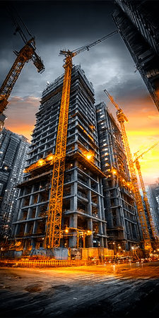Stunning Construction Site Landscape at Golden Hour with Tower Cranes and Rising Structures Glintingの素材