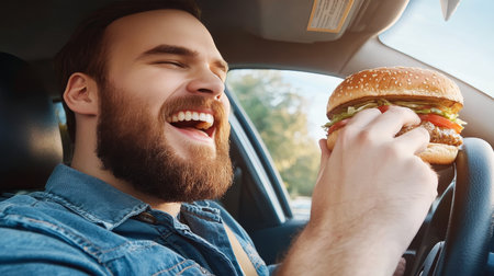 A happy driver enjoys a tasty hamburger while driving, balancing fun and road safety precautions.の素材