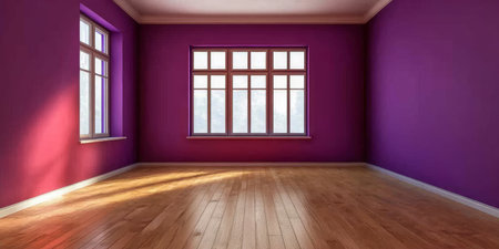 A spacious purple room illuminated by sunlight, featuring a sleek wooden deck and large windowsの素材