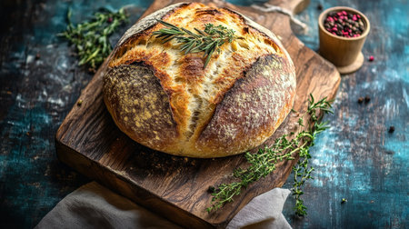 Artisan Sourdough Bread Loaf Freshly Baked on Wooden Cutting Board Surrounded by Fresh Herbsの素材