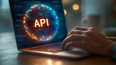 Navigating Digital Landscapes Laptop Displaying API for Development and Connectivity Solutionsの素材
