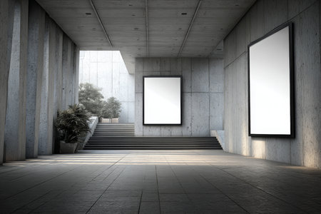 Modern Minimalistic Interior with Concrete Block Wall and Illuminated Blank Posters and Plantsの素材