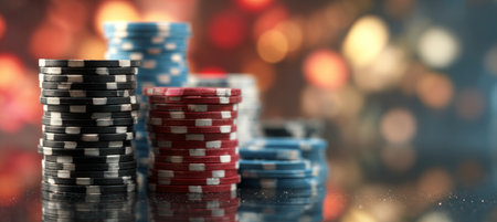 Stacks of colorful poker chips representing gambling excitement with blurred bokeh lights backdropの素材