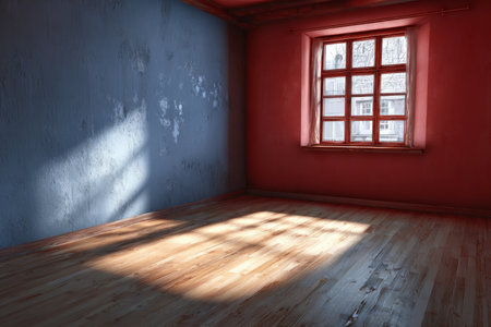 Bright Sunlit Room with Elegant Wooden Flooring and Blue Accent Wall, Inviting Cozy Atmosphereの素材