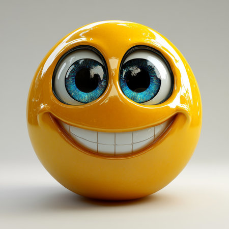 Cheerful Smiling Emoji Illustrating Fun and Happiness with Sparkling Effects on White Backgroundの素材