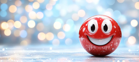 Delighted Red Emoji with Large Eyes Spreading Holiday Cheer in a Festive 3D Animation Designの素材