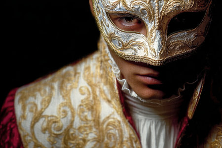 Enigmatic Venetian Masquerade Ball Mysterious Figure with Intricate Mask Revealing One Eyeの素材
