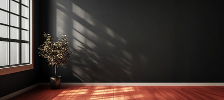 Minimalist Elegance A Dark Empty Room with Cherry Wood Floor and Serene Sunlight Ambienceの素材