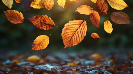 Vibrant Autumn Leaves Fall Gently to the Ground, Creating a Colorful and Serene Landscape Sceneの素材
