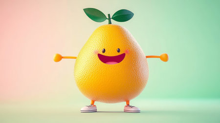 Whimsical Orange Character with a Bright Smile and Cheerful Expression on a Colorful Backgroundの素材