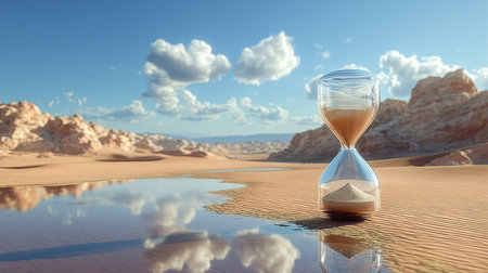 Serene Desert Timekeeper Golden Dunes and Sand Reflection in a Calm Expanse of Timeless Beautyの素材