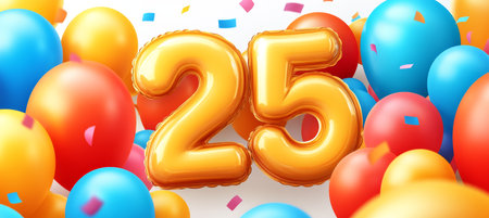 Vibrant Celebration Atmosphere with Colorful Balloons, Gold 25 Numbers, and Festive Confetti Showerの素材