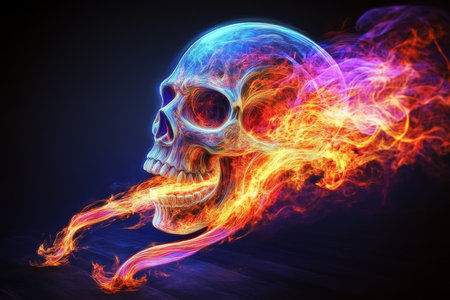 Vibrant Skull Ablaze with Fiery Colors, Symbolizing Mortality Against a Dark Background, Unique Artの素材