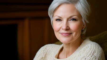 Elegant Mature Silver Haired Woman Posing Lovingly in Creamy Knitwear in a Dimly Lit Space Close-upの素材