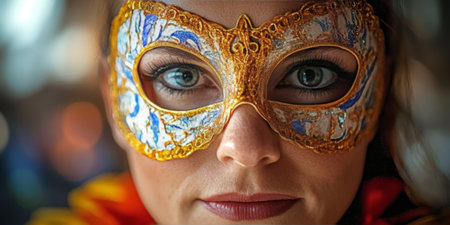 Elegant Woman Wearing a Beautiful Venetian Carnival Mask at a Glamorous Masquerade Ball Eventの素材