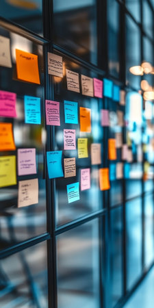 Team Collaboration and Strategy Planning Session with Colorful Sticky Notes on Office Window Surfaceの素材