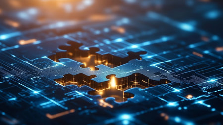 Glowing Digital Puzzle Pieces Interlocking on Futuristic Blue Circuit Board Backgroundの素材