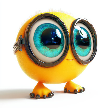 Charming Detailed 3D Emoji Radiates Joy, Cute Character with Vivid Blue Optics and Funny Faceの素材