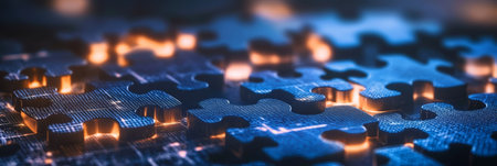 Seamless Interlocking Digital Puzzle, Glowing Pieces on Futuristic Blue Background. API conceptの素材