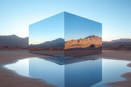 Stunning Mirrored Cube Sculpture in a Desert Landscape, Reflecting Blue Sky and Surrounding Hillsの素材