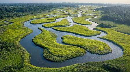 Aerial View, Winding Rivers, Wetlands With Lush, Intricate Waterways In Vibrant Landscape,の素材