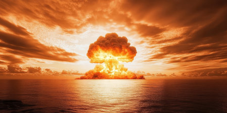 Apocalyptic vision of colossal power showing destructive force as the sun sets like a nuclear blast.の素材