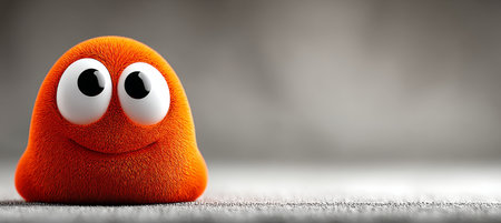 A Cheerful Orange Blob with Big Eyes and Fuzzy Texture, Displaying Happiness in a Bright Settingの素材