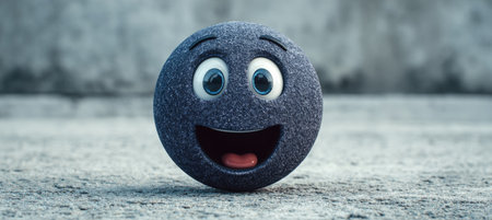 A Cheerful Dark Cyan Textured 3D Happy Sphere Emoji With Bright Smile on Artistic Studio Backgroundの素材