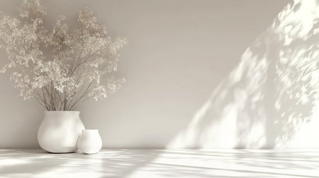Serene Interior Decor Scene with Dry Plants and Plaster Vases Bathed in Soft Sunlight and Shadowsの素材