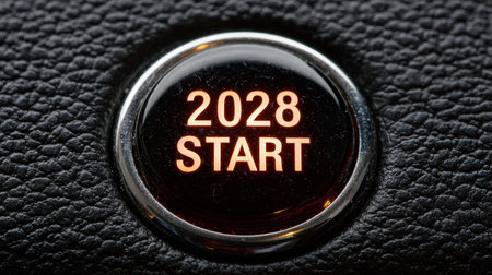 Illuminated Car Start Button on Textured Surface with Bright Neon Display for Future Aspirationsの素材