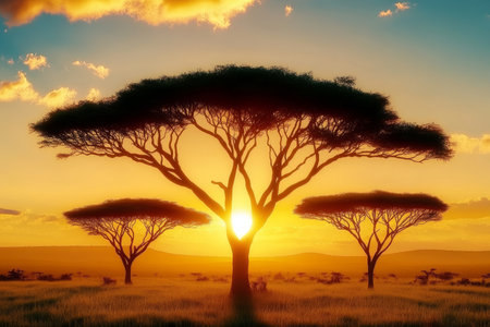 Breathtaking Sunset Over African Savannah Featuring Silhouetted Acacia Trees and Vibrant Colorsの素材