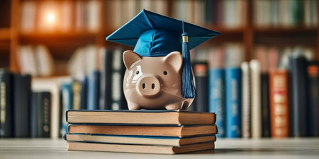 Piggy Bank on Books Wearing Graduation Cap Symbolizing Education, Savings, and Future Successの素材