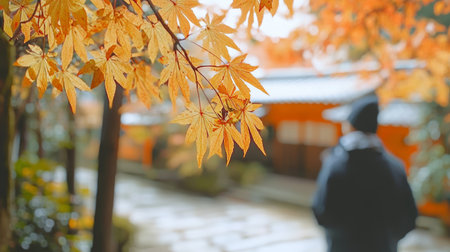 Tranquil autumn scene featuring vibrant maple leaves, individual strolling on a stony garden pathwayの素材