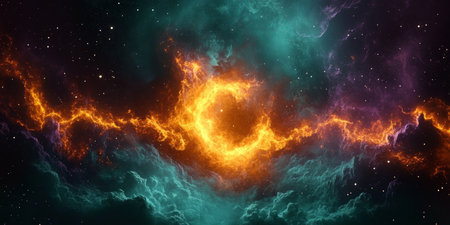 Emerald, Silver, and Fiery Ring Nebula with Twinkling Stars and a Celestial Expanse in Vivid Spaceの素材