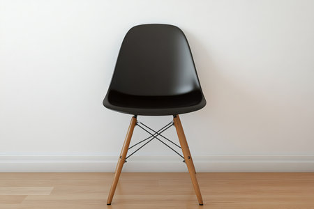 Chic black moulded plastic lounge chair with wooden legs set against modern textured home decor.の素材