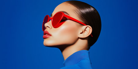 Young Fashionable Woman with Red Sunglasses on Blue Background. Stylish Female Model Posing.の素材