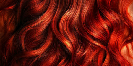 Voluminous auburn waves of red hair reflecting light, showcasing beautiful texture and shine.の素材